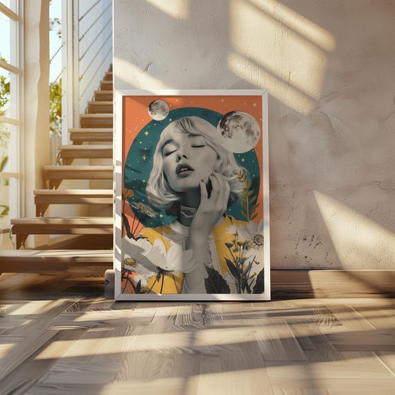 Retrofuturism Poster Dreamy Pastel Tones Woman With Eyes Closed Illustration Maximalist Style 20 X 28