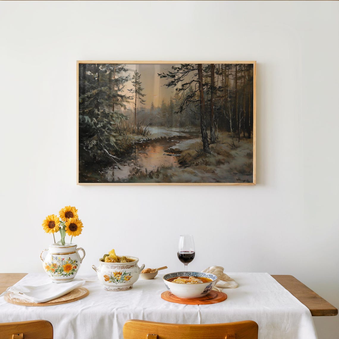 Misty Pine Forest Stream at Dawn Moody Oil Painting Nature Poster