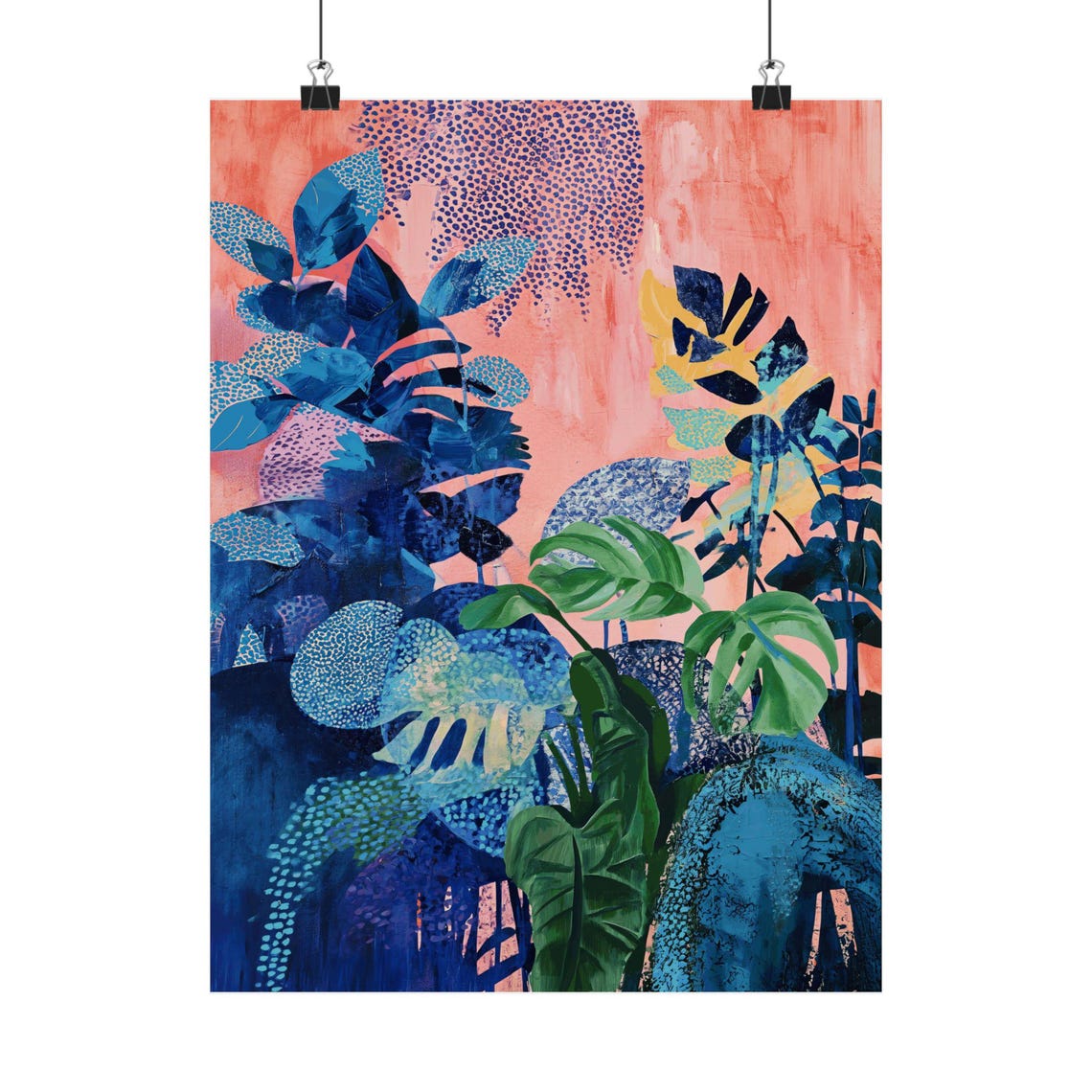 Blue Monstera Tropical Leaves Coral Background Botanical Jungle Poster