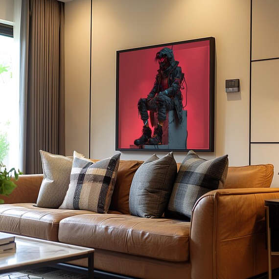 Cyberpunk Masked Figure Sitting on Concrete Red Background Wall Art
