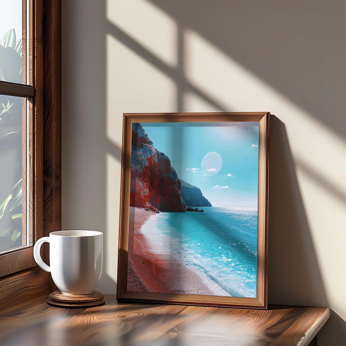 Red Cliff Beach Turquoise Water Sunny Coast Landscape Photo Poster