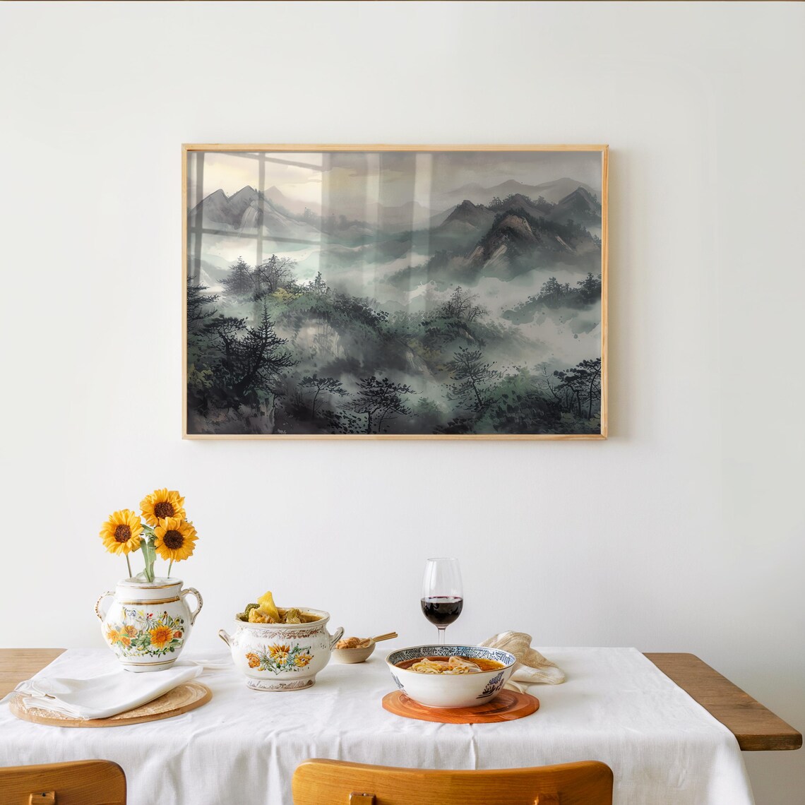 Misty Mountain Watercolor Landscape Traditional Asian Art Poster
