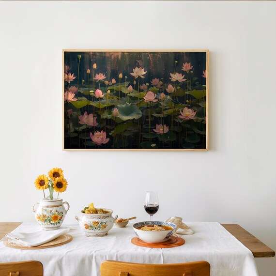 Blooming Pink Lotus Flowers On Dark Pond Impressionist Oil Art Poster