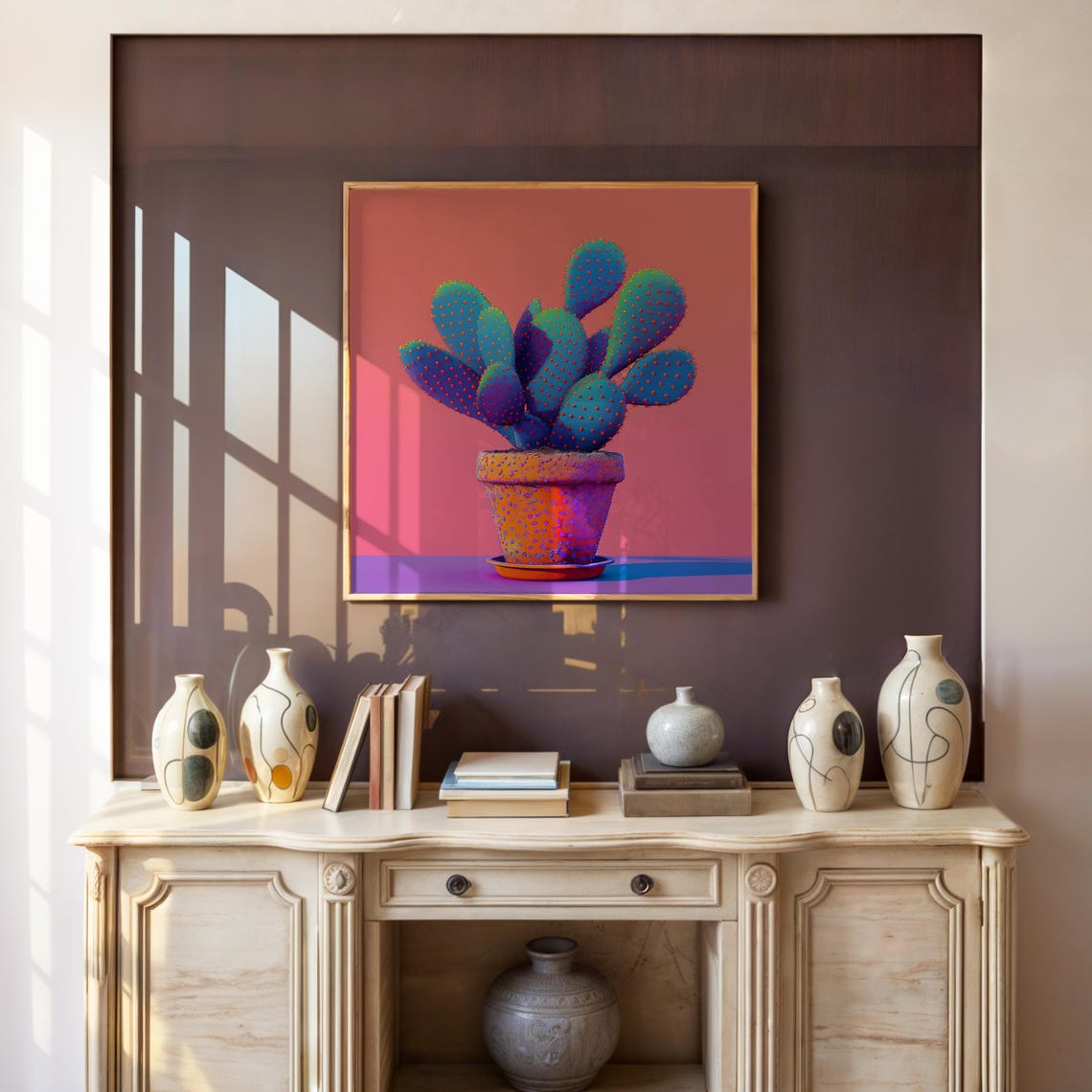 Maximalist Vaporwave Cactus Poster 3d Render Pixel Art Neon Vibrant Colors Noisy Texture Retro Print Indoor Plant A