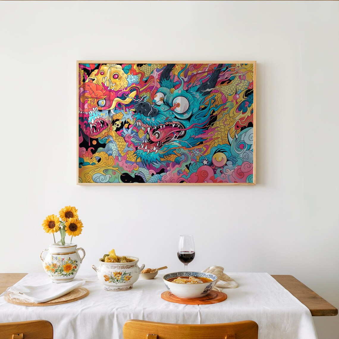 Psychedelic Dragon Heads Neon Japanese Style Colorful Art Poster