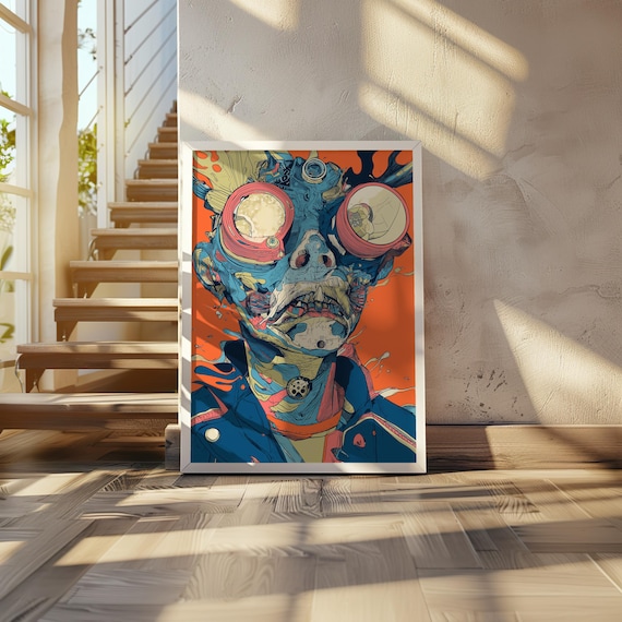 Bold Steampunk Skull Goggles Orange Cyberpunk Pop Art Portrait Poster