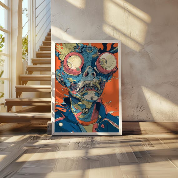 Psychedelic Retrofuturism Man With Goggles Clock Vector Art Cool Tones Vintage Futuristic Illustration Surre 20 X 28