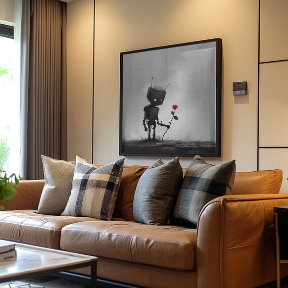 Lonely Black Robot Holding Single Red Rose Monochrome Art Poster
