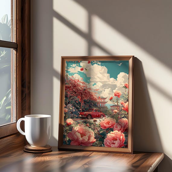 Red Car Amidst Blossoms Flower Garden Pagoda Photo Manipulation Art Illustration Wall Print Home Decor