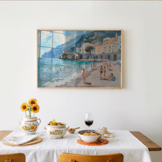 Italian Coastal Beach Scene Impressionist Oil Painting Summer Wall Art