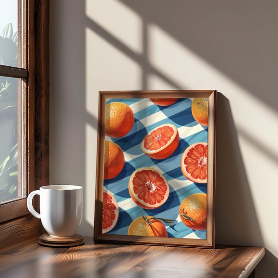 Midcentury Modern Maximalist Still Life Vibrant Colors Fruit Poster Checkered Tablecloth Gouache Illustration