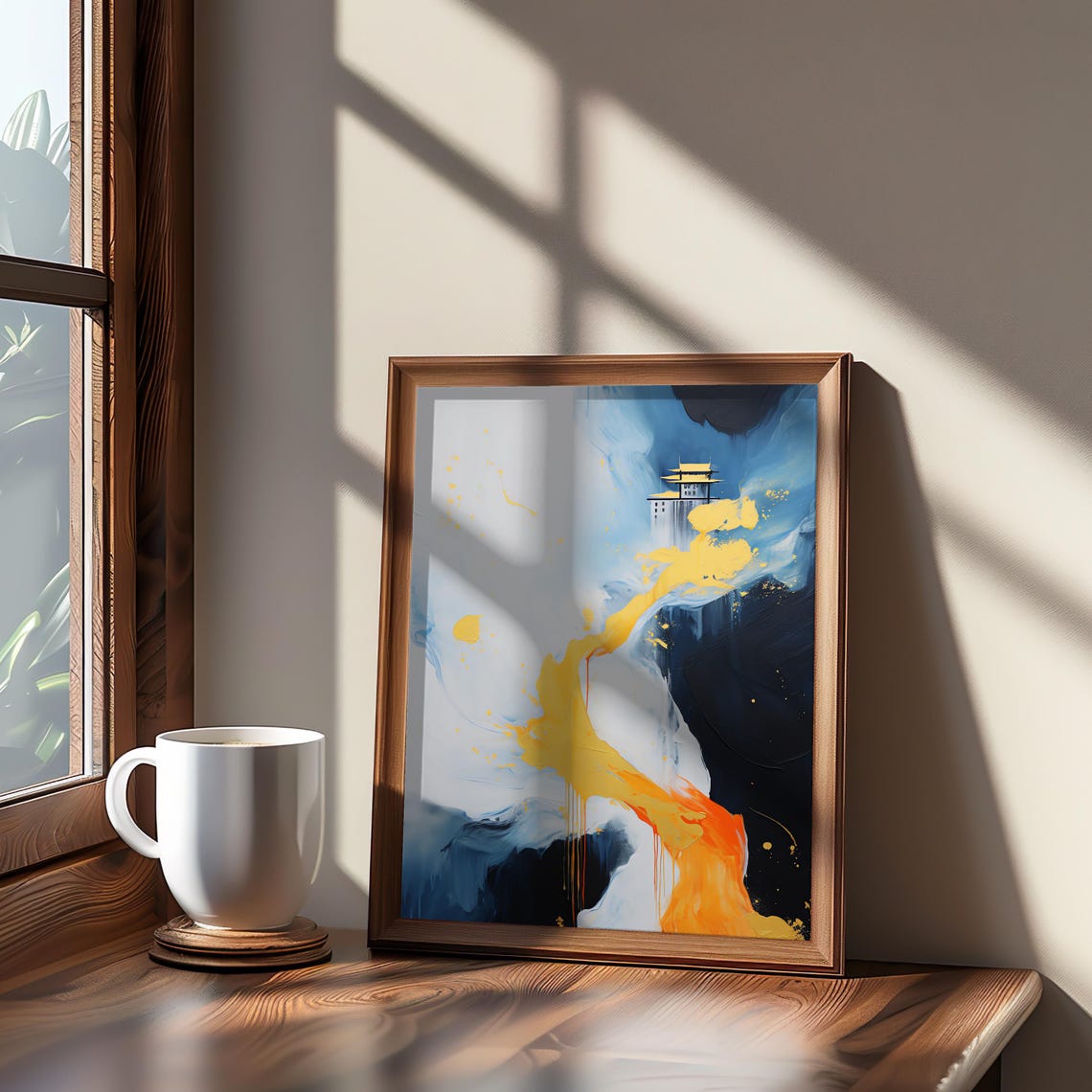 Modernist Abstract Swirling Blue Gold Ink Painting Pagoda Poster