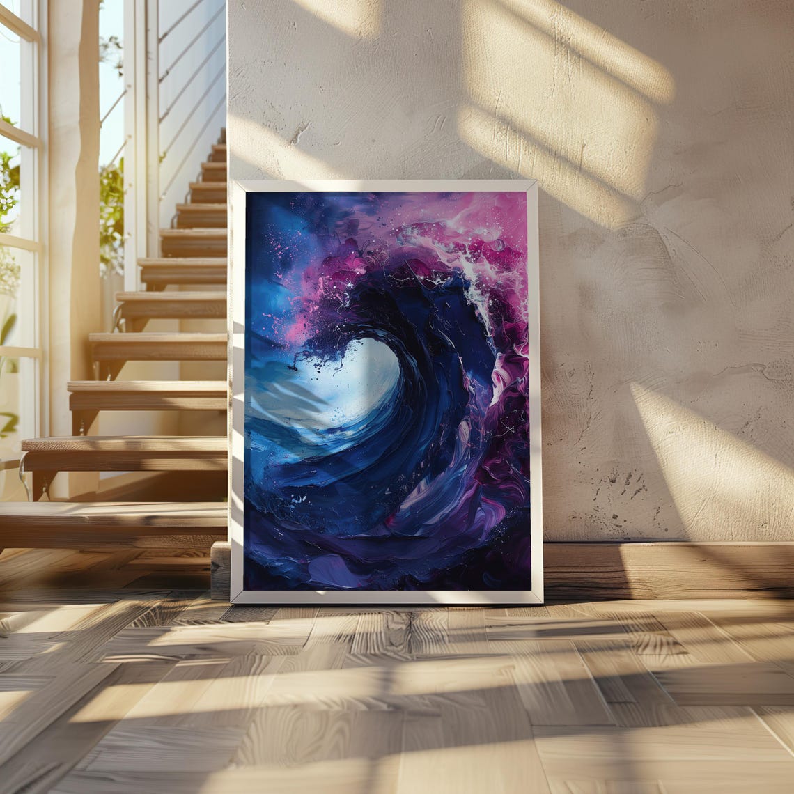 Psychedelic Ocean Wave Oil Painting Vibrant Blue Surf Poster