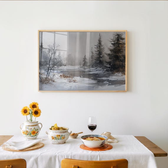 Winter Scene Snowcovered Trees Ground Snow Impressionist Art Photorealistic Oil Monochrome Poster M