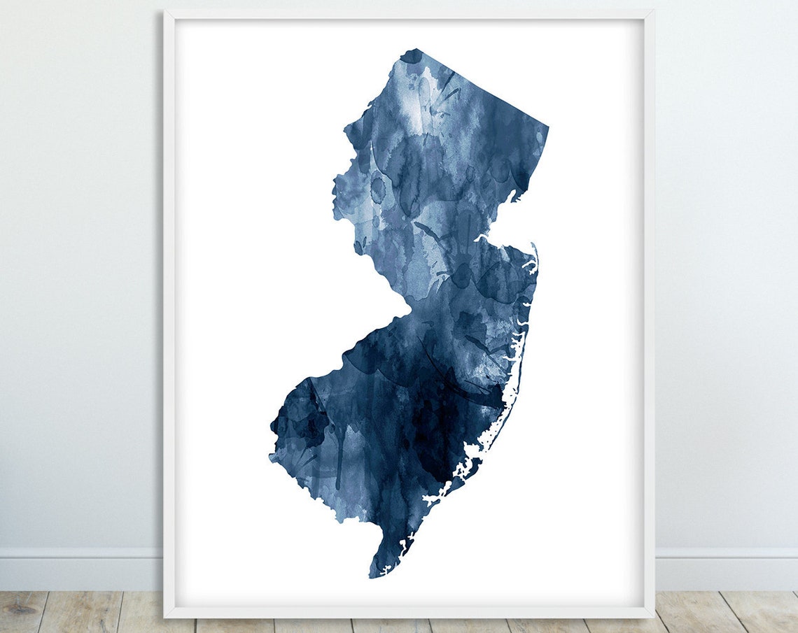 New Jersey State Navy Blue Watercolor Map Silhouette Modern Art Print