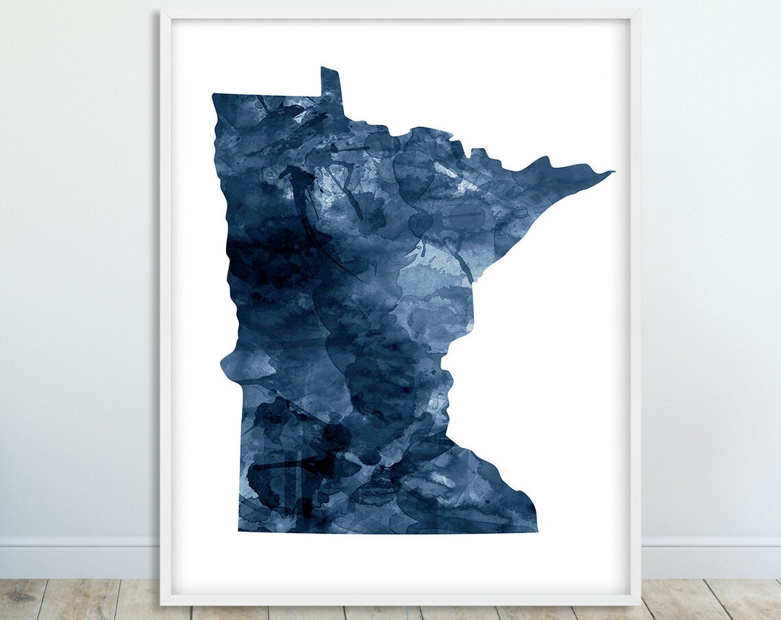Minnesota State Map Navy Blue Watercolor Silhouette Art Print