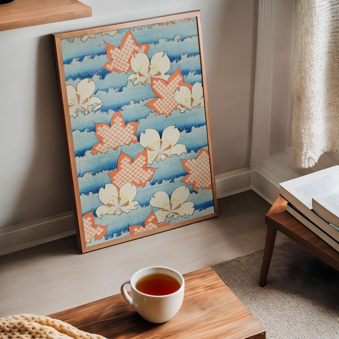 Japanese Woodblock Maple Leaves and Blossoms Blue Wave Poster - Image 4