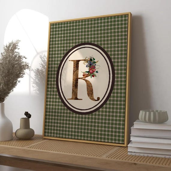 Wildflowers Initial Print Floral Nursery Wall Art Gingham Decor Boho Name Sign Vintage Striped