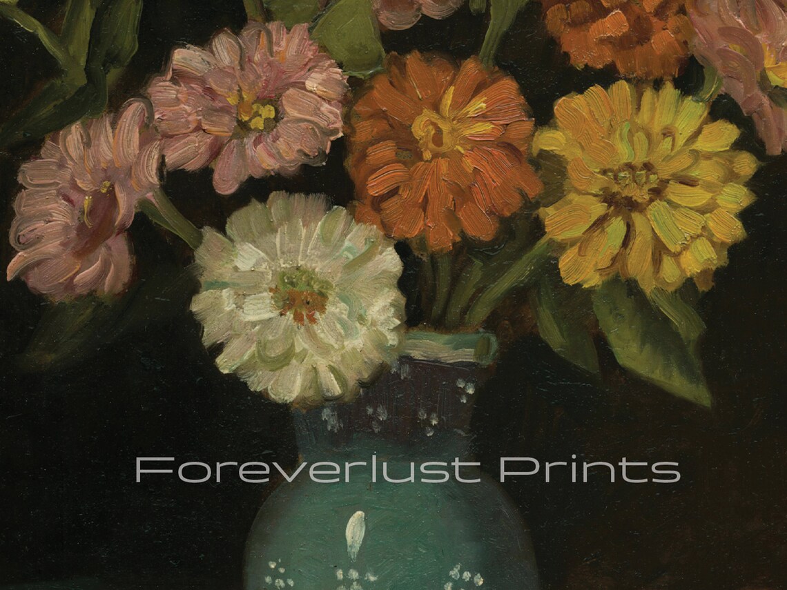 Moody Zinnia Bouquet Teal Vase Vintage Oil Painting Floral Art Print - Image 2