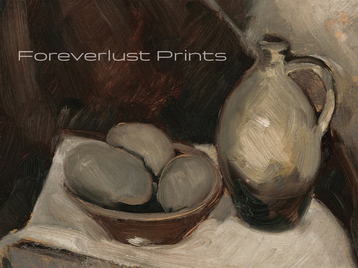 Moody Dark Still Life Eggs Jug Kitchen Vintage Oil Painting Art Print - Image 2