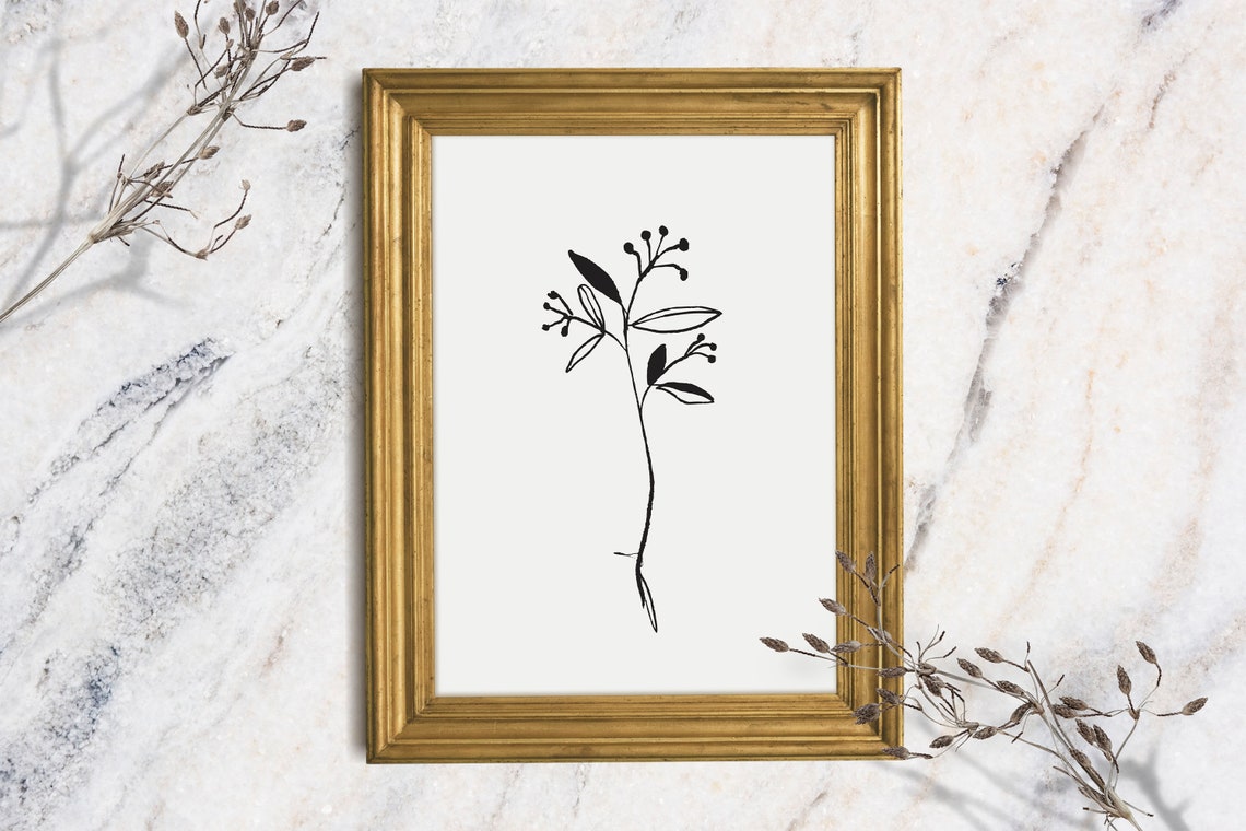 Minimalist Botanical Ink Sketch Leafy Sprig Simple Line Wall Art Print