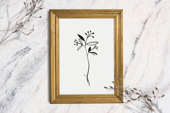Minimalist Botanical Ink Sketch Leafy Sprig Simple Line Wall Art Print