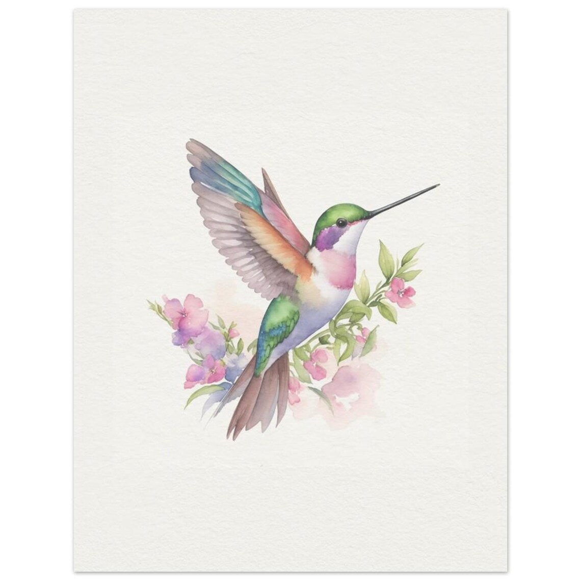 Colorful Hummingbird Watercolor Pink Blossom Bird Nursery Art Print - Image 3