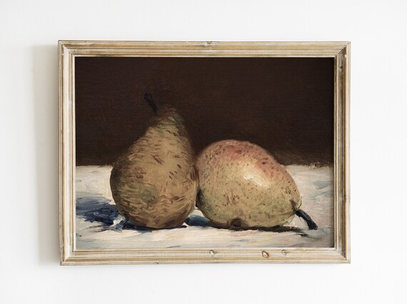 Country Kitchen Print Vintage Painting Pear Still Life Farmhouse Wall Decor Antique Fruit Art