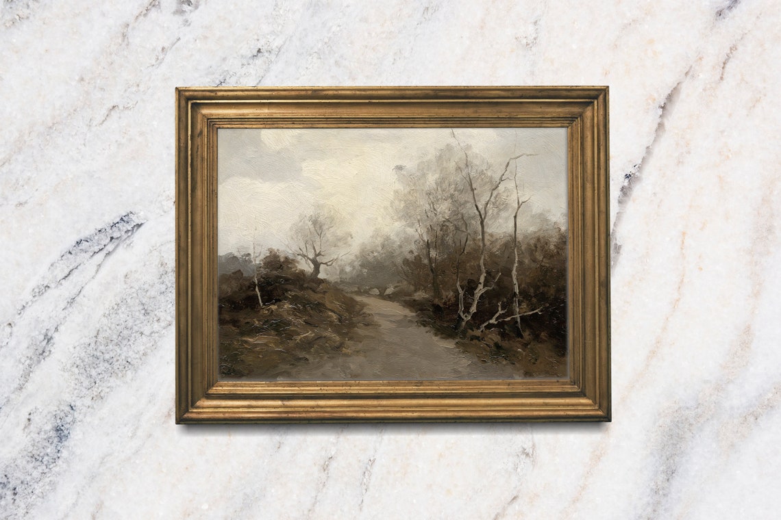Moody Brown Country Road Through Trees Neutral Landscape Art Poster