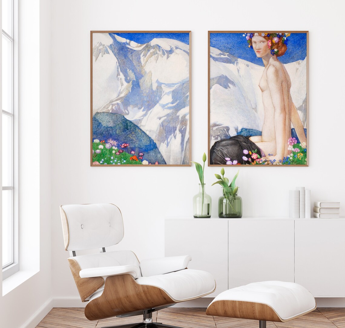 Alpine Mountain Diptych Set of 2 Vintage Snowy Peaks and Nude Art Print - Image 3
