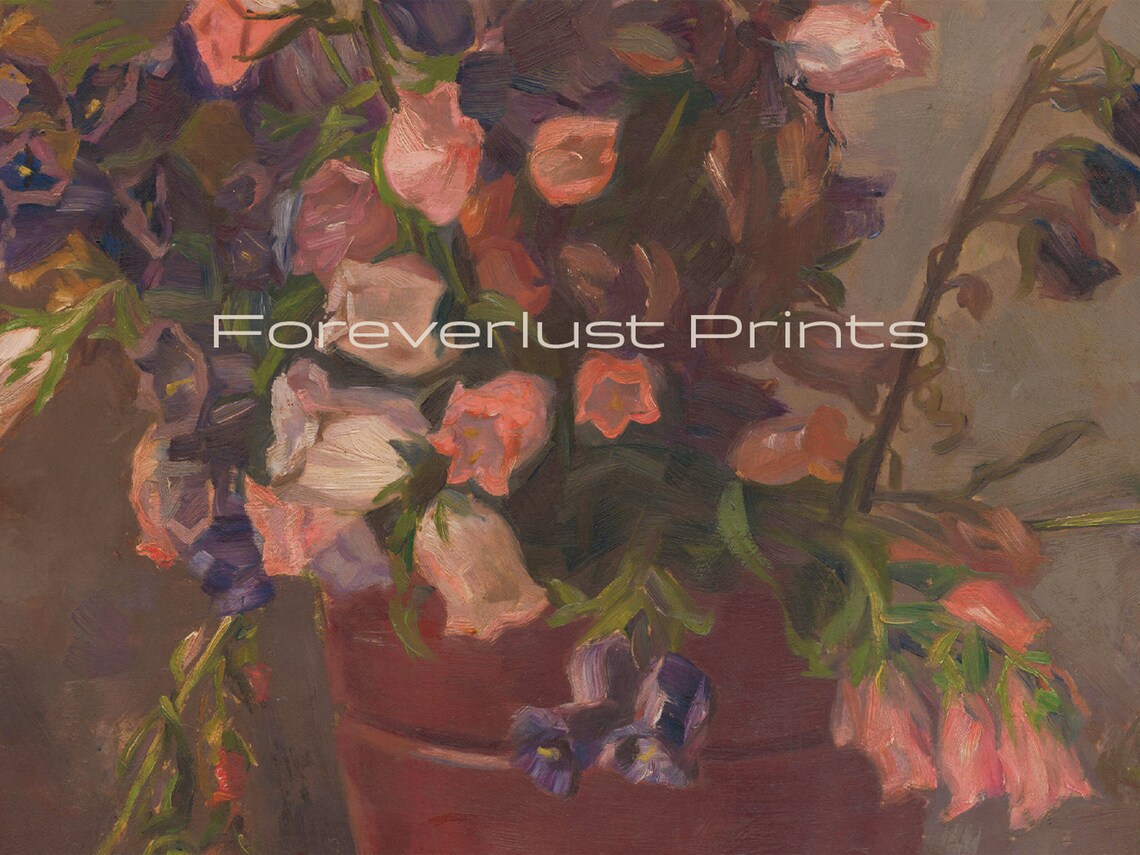 Pink Purple Sweet Pea Blooms Red Pot Vintage Oil Painting Floral Print - Image 2