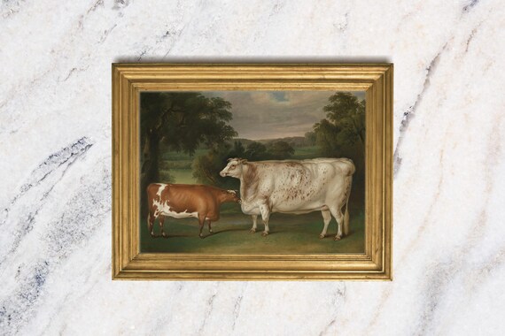 Cow Art Print Vintage Landscape Oil Painting French Country Wall Art Farm Animal Country Decor Moody Rustic Art