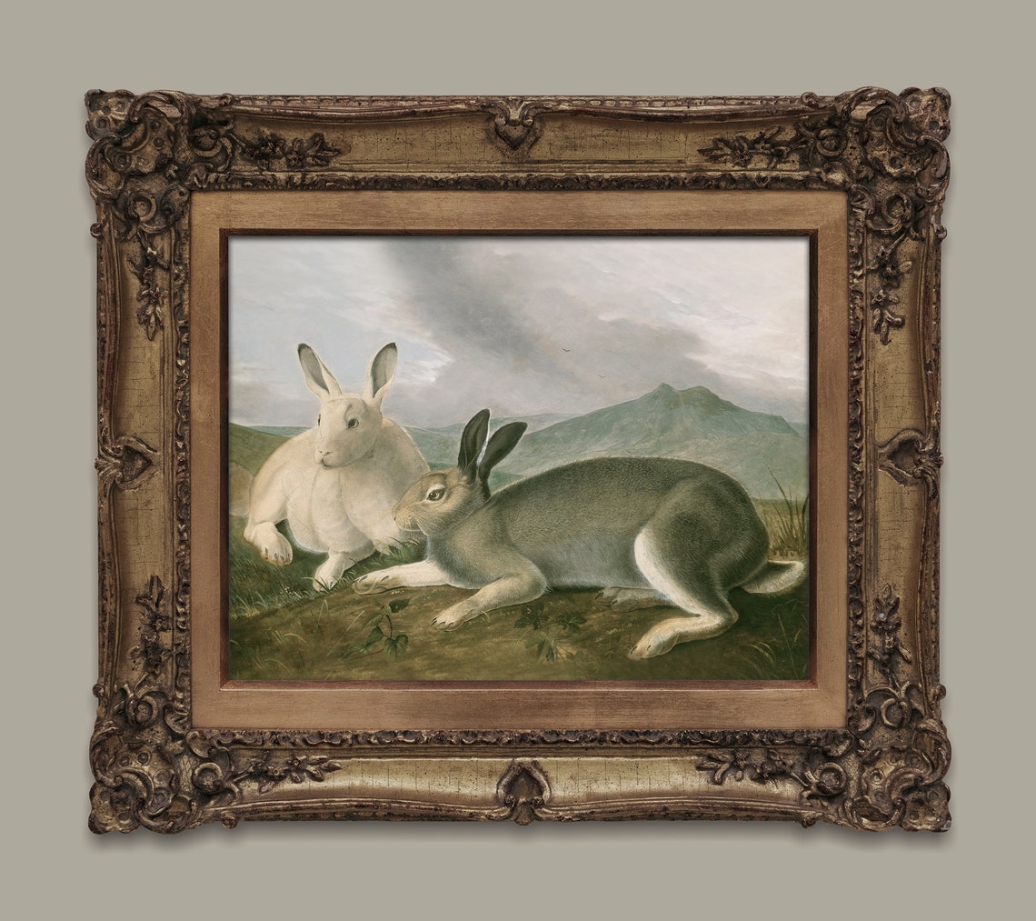 Bunny Rabbit Art Print Rabbit Vintage Oil Painting Two Hare Gicle Print Countryside Original Oil Art Painting Print Country Nursery Art - Image 2