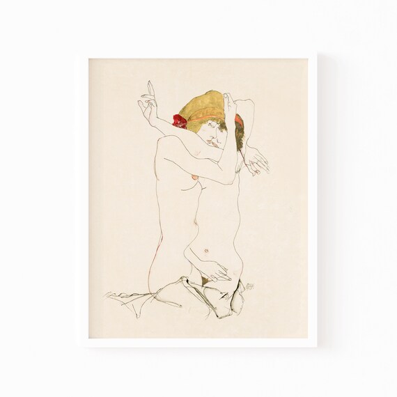 Two Women Embracing Line Art Nude Figures Expressive Sketch Art Print