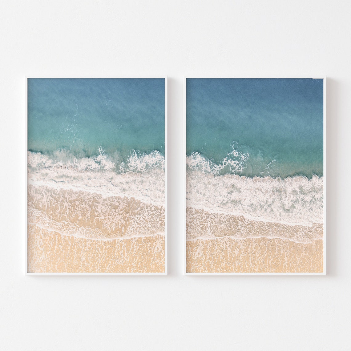 Aerial Ocean Waves Beach Set of 2 Turquoise Sea Foam Golden Sand Print