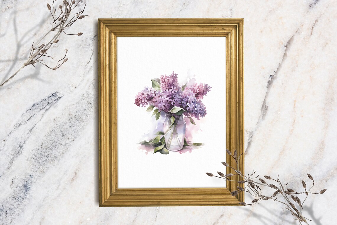 Purple Lilac Blossoms Glass Vase Soft Watercolor Floral Art Poster