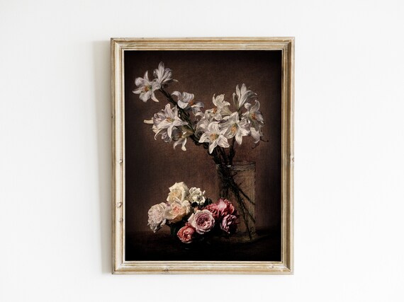 Vintage Flower Painting Moody Floral Art Print Dark Academia Decor