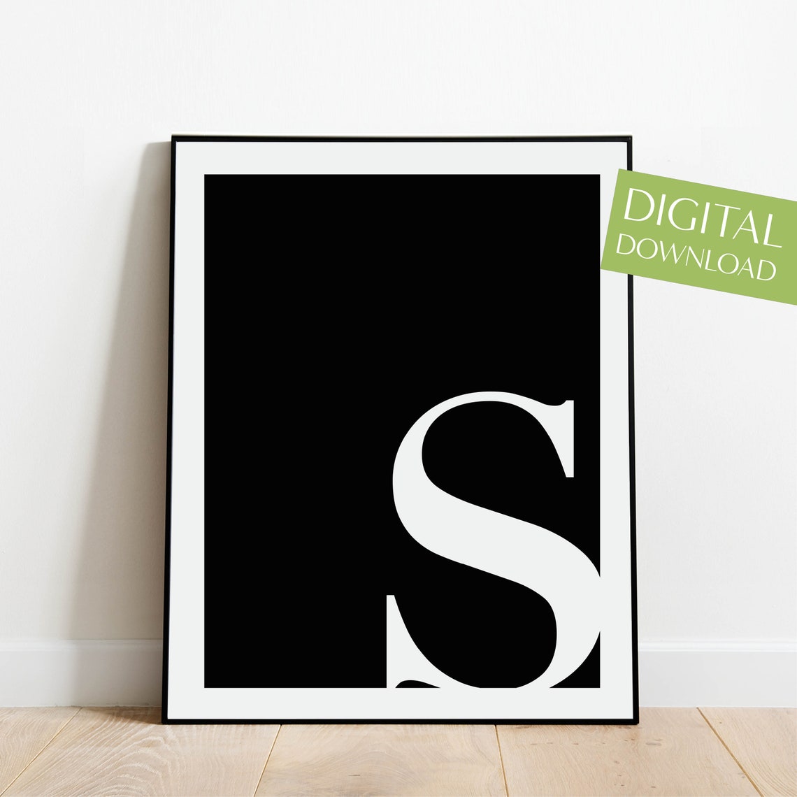 Lowercase Letter S Monogram Poster White on Black Modern Decor