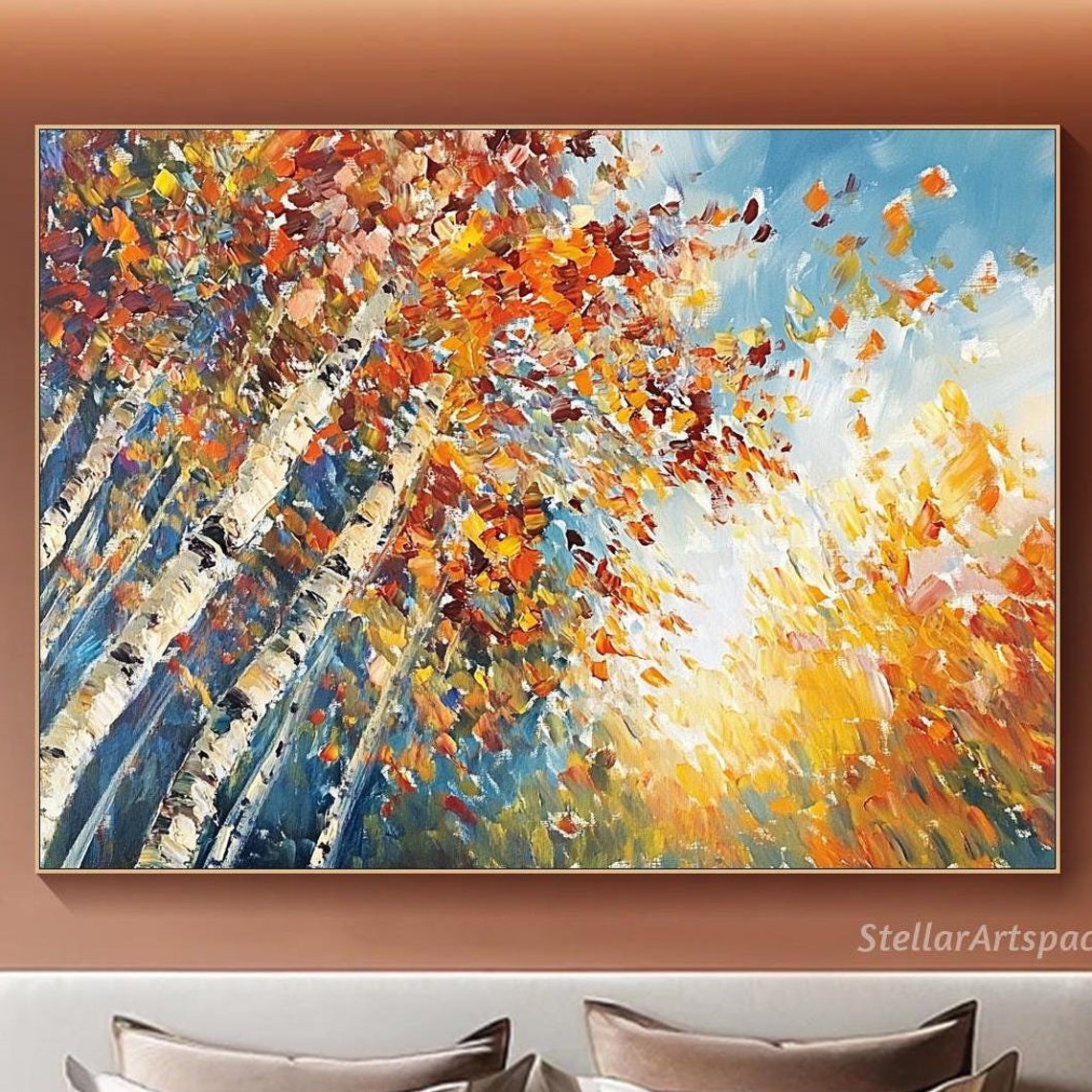Autumn Birch Trees Orange Canopy Blue Sky Impasto Fall Art Poster
