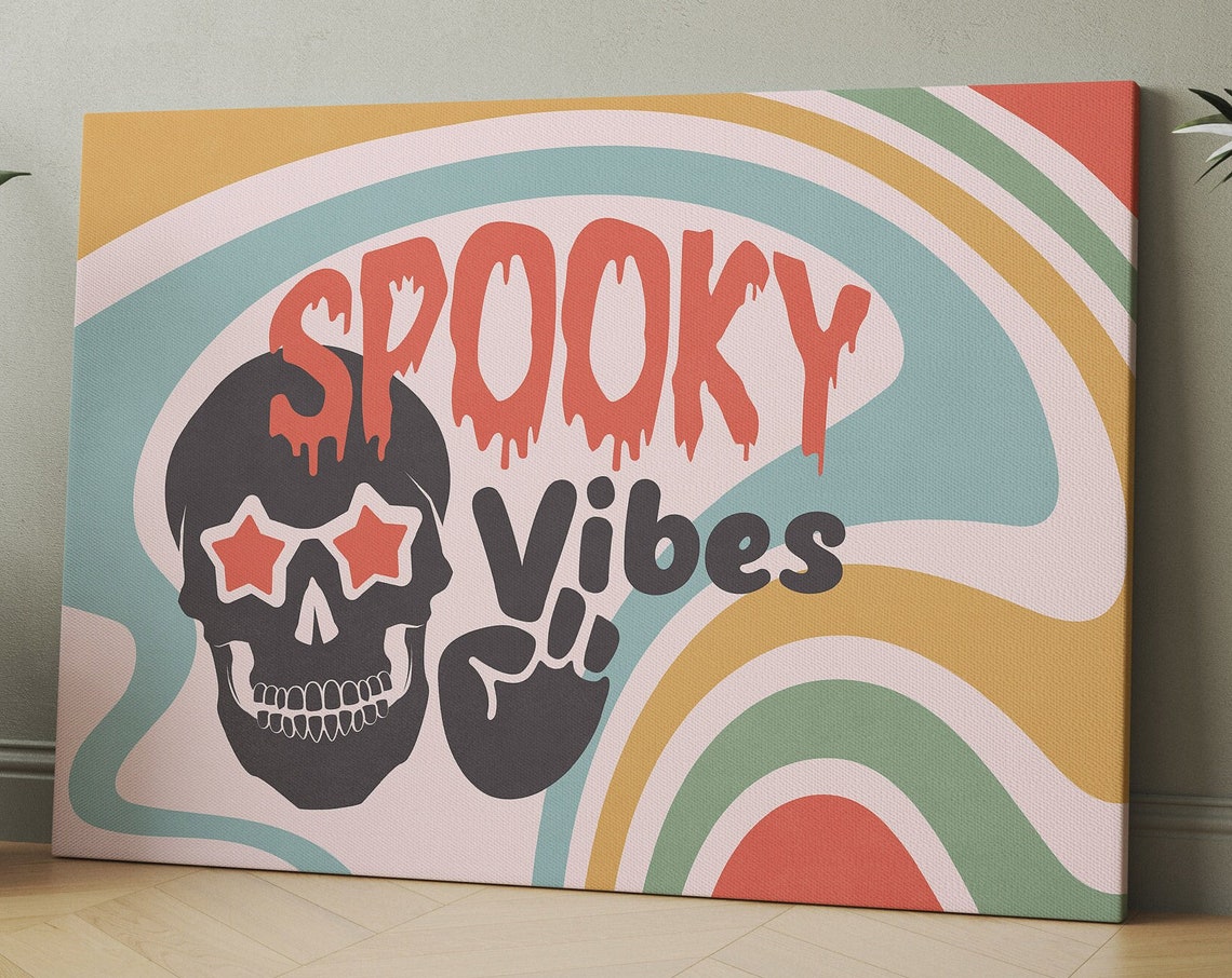 Spooky Vibes Retro Rainbow Skull Star Shades Halloween Canvas Print