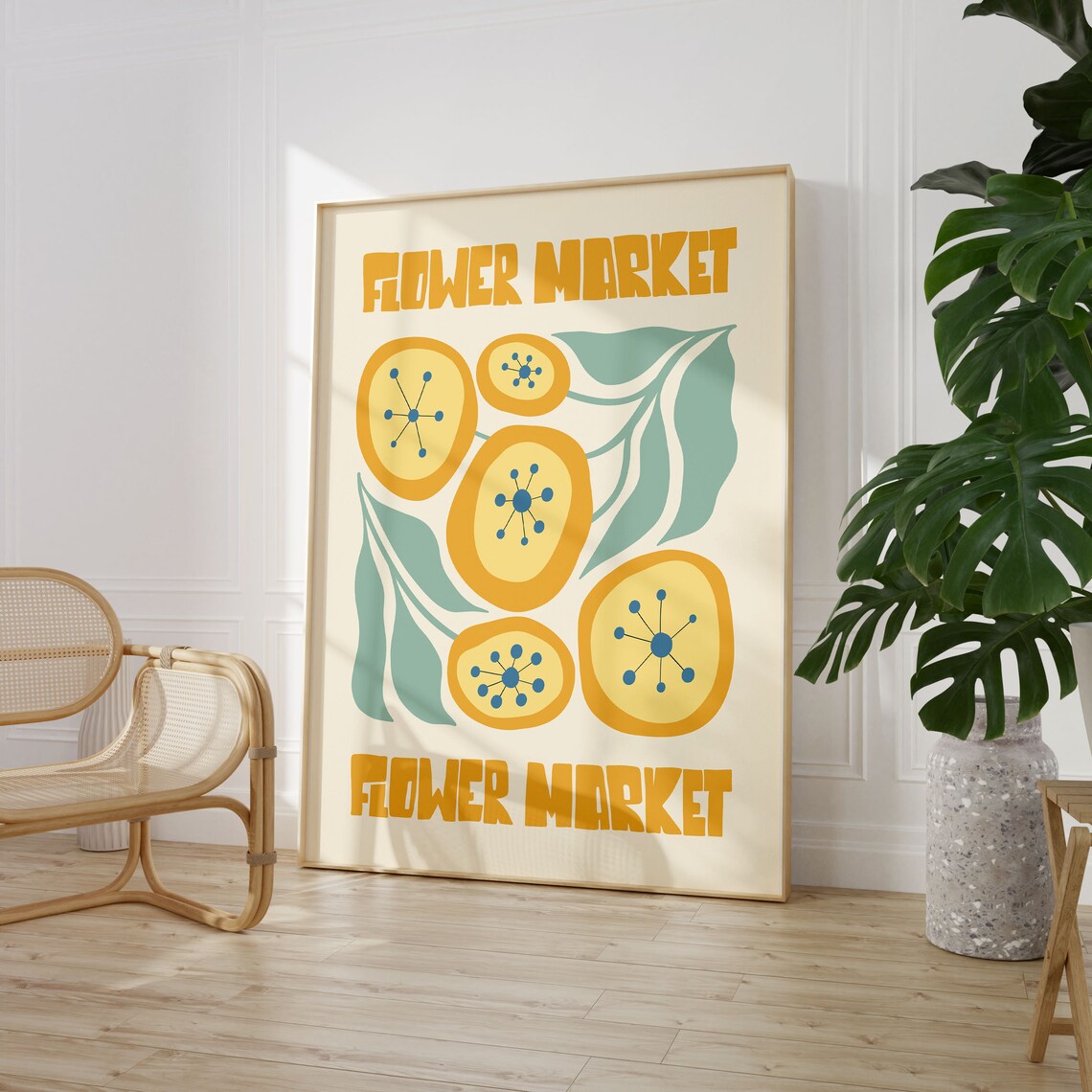 Bold Retro Flower Market Mustard Abstract Blossom Art Poster - Image 2