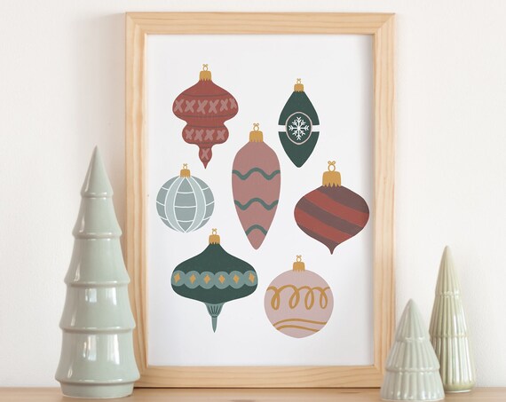 Vintage Christmas Ornaments Mid Century Colorful Holiday Print