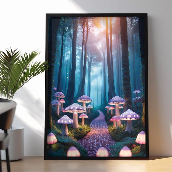 Magical Forest Path Wall Art Glowing Mushrooms Fantasy Print Enchanted Decor