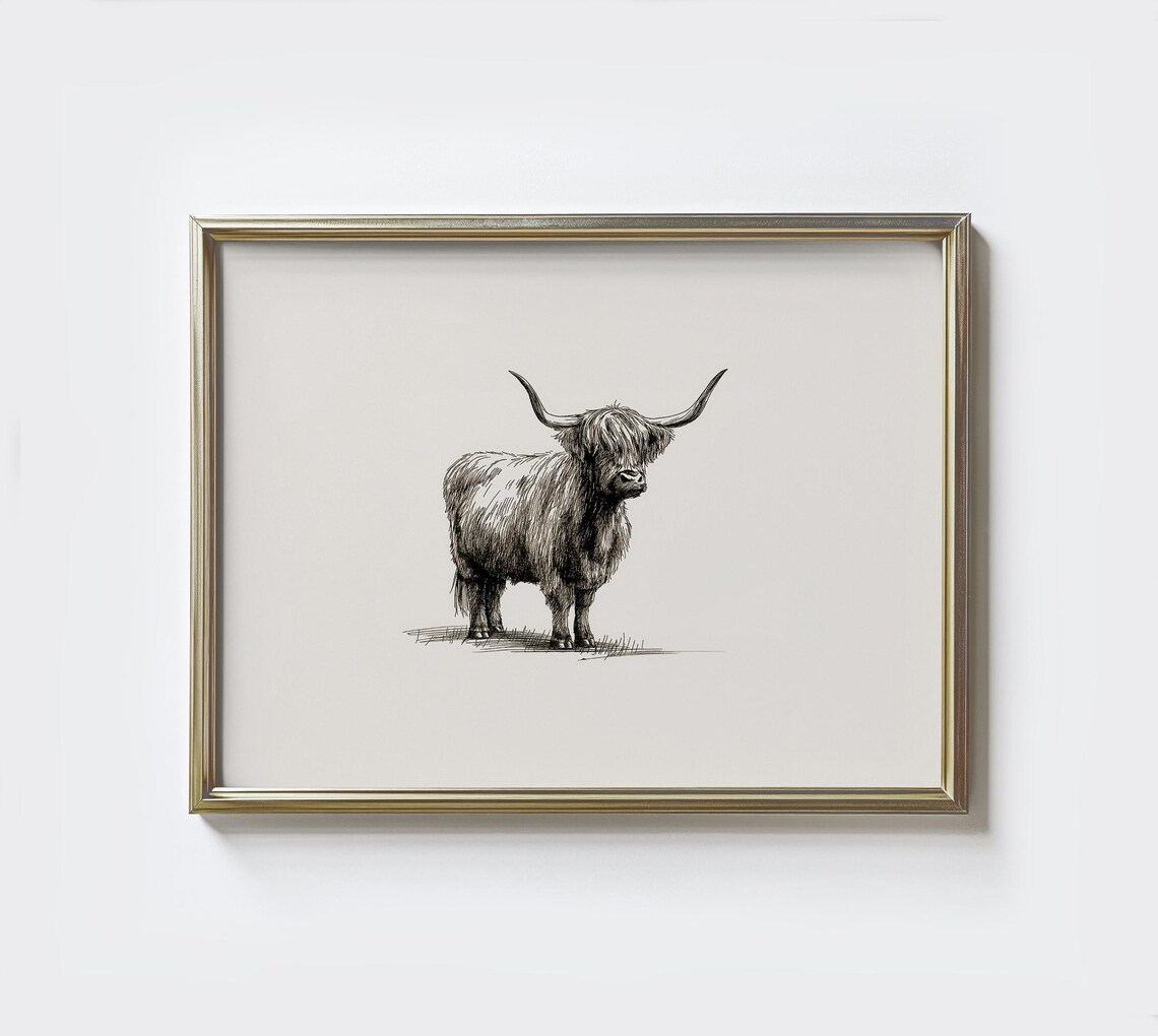 Highland Cow Sketch Vintage Style Farm Animal Drawing Art Poster