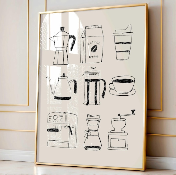 Hand Drawn Coffee Bar Kitchen Wall Art Print