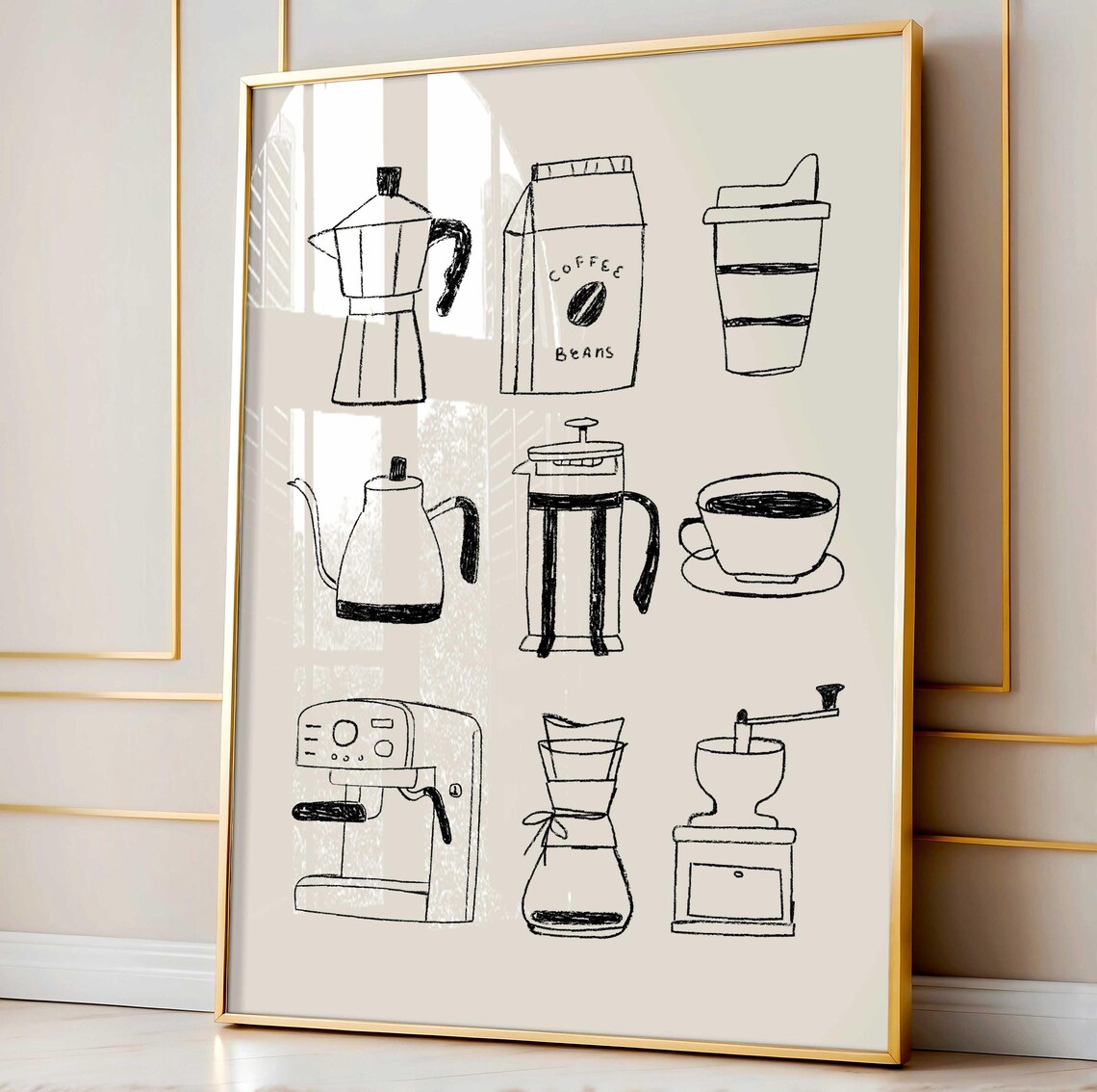 Hand Drawn Coffee Bar Kitchen Wall Art Print