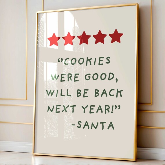 Santa Five Star Review Cookies Red Green Christmas Quote Poster