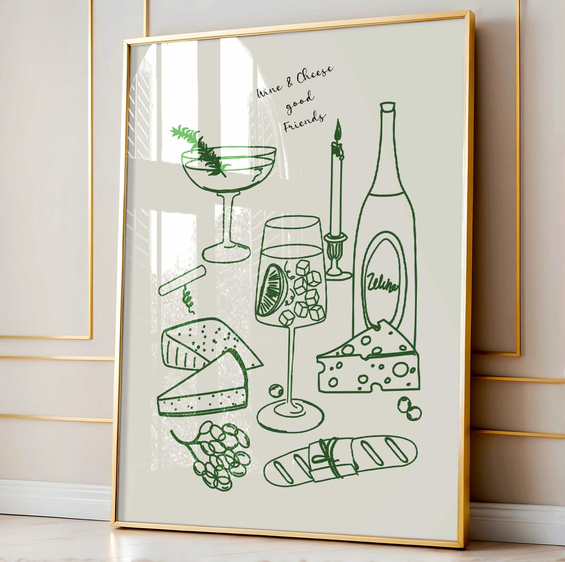 Green Wine And Cheese Kitchen Decor Art Print