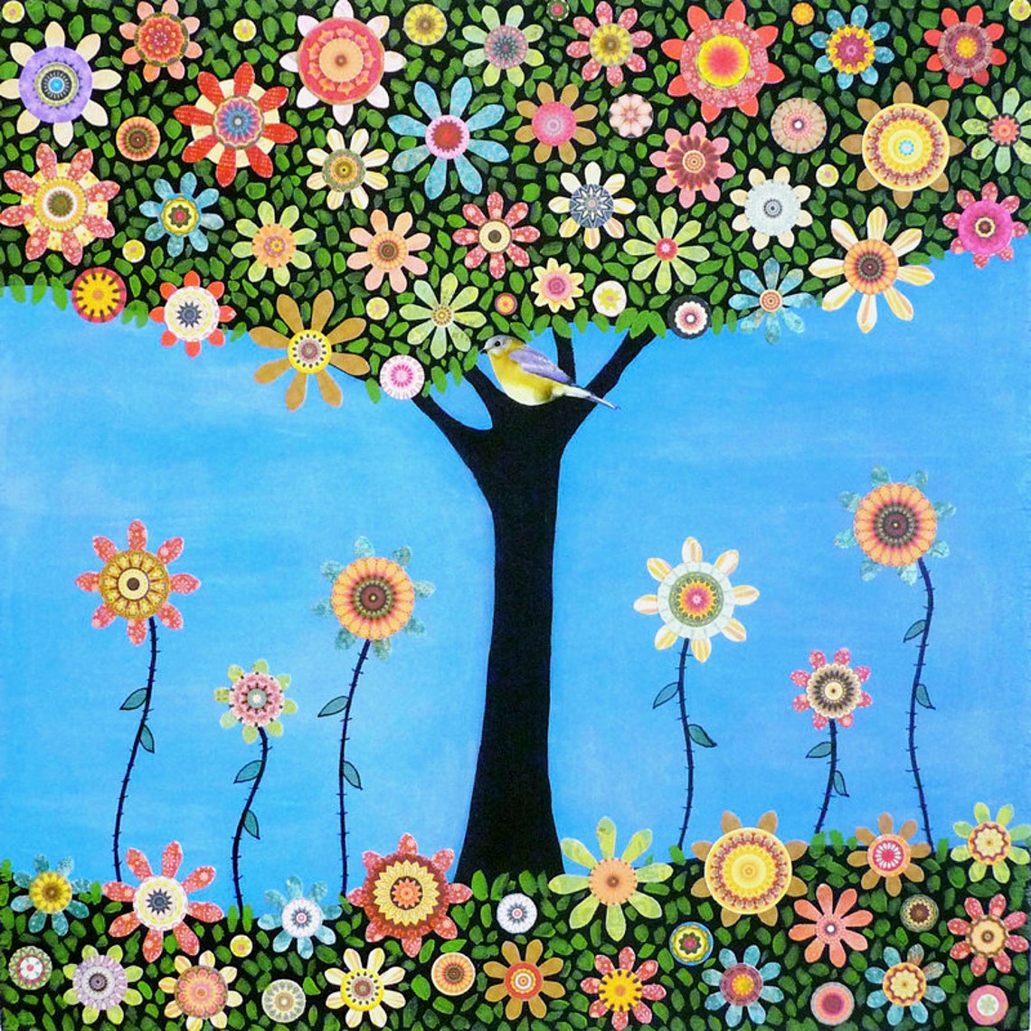 Bluebird Perched in a Flowering Tree Whimsical Garden Poster