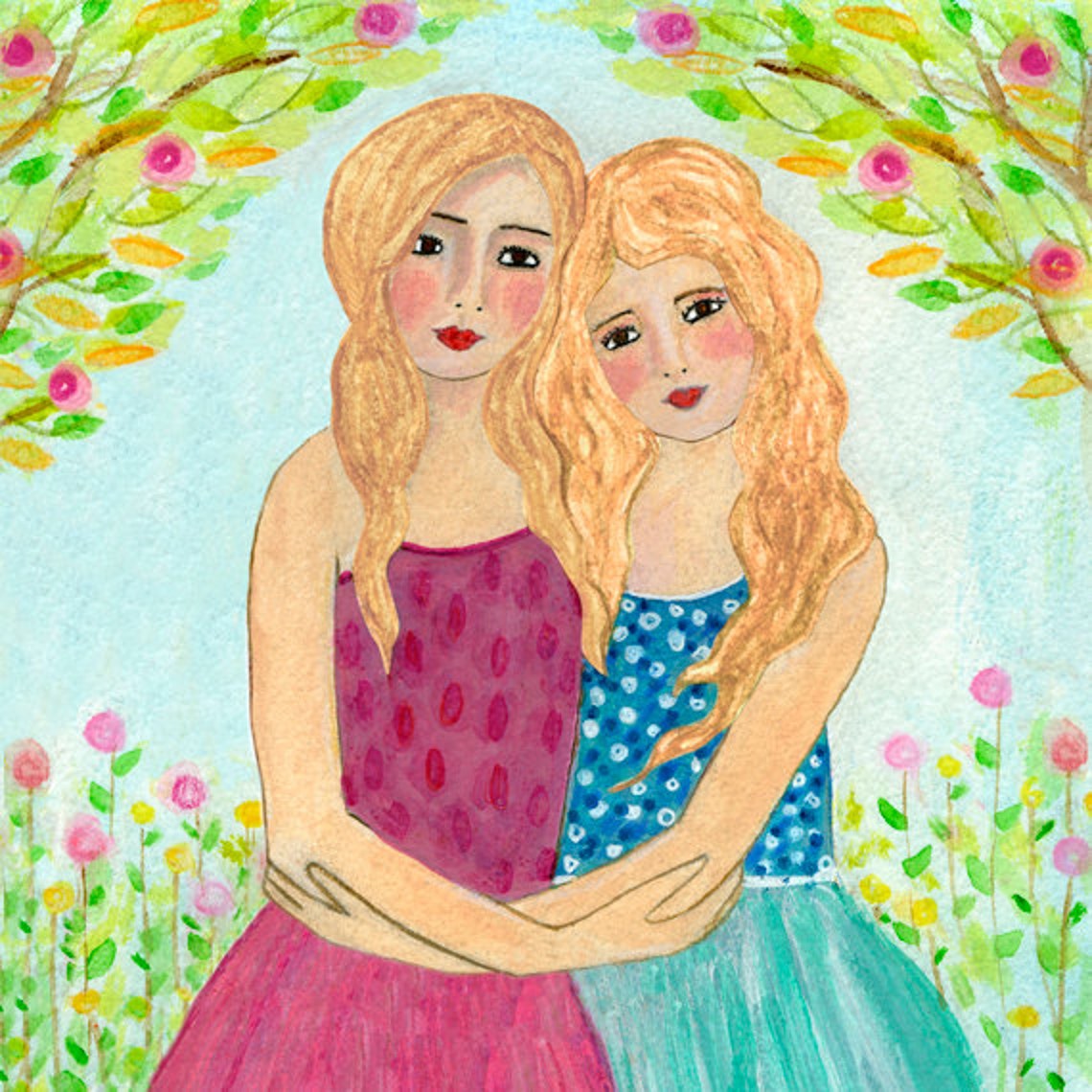 Two Blonde Sisters Embracing under Blossoms Sweet Nursery Poster